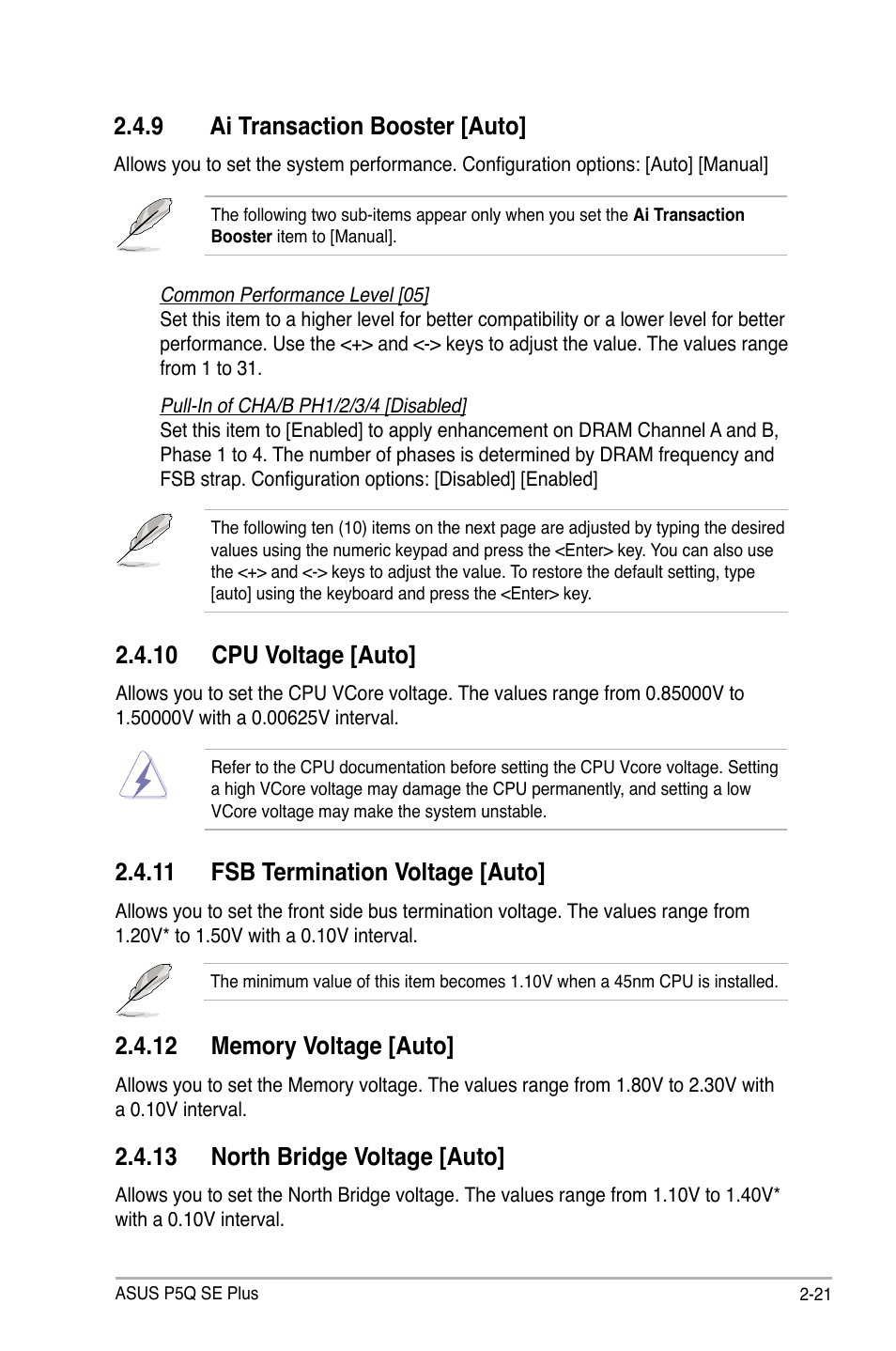 9 ai transaction booster [auto, 10 cpu voltage [auto, 11 fsb termination voltage [auto | 13 north bridge voltage [auto | Asus P5Q SE PLUS User Manual | Page 73 / 100