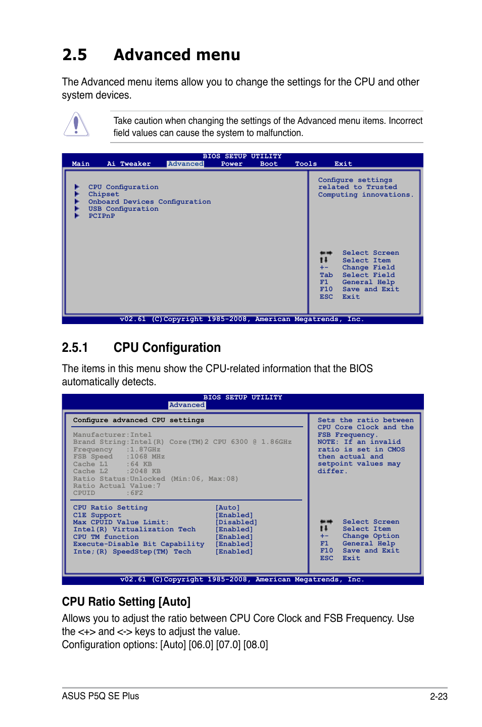 5 advanced menu, 1 cpu configuration, Cpu ratio setting [auto | Asus P5Q SE PLUS User Manual | Page 75 / 100