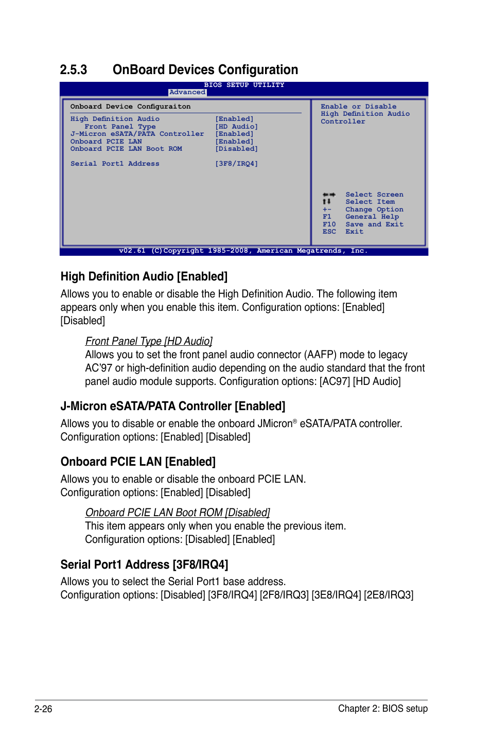 3 onboard devices configuration, High definition audio [enabled, J-micron esata/pata controller [enabled | Onboard pcie lan [enabled, Serial port1 address [3f8/irq4 | Asus P5Q SE PLUS User Manual | Page 78 / 100