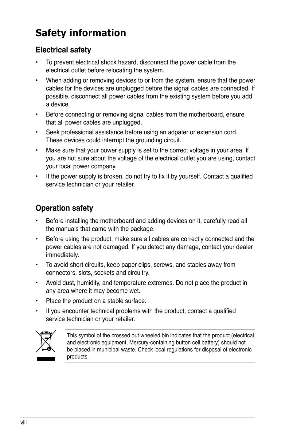 Safety information, Electrical safety, Operation safety | Asus P5Q SE PLUS User Manual | Page 8 / 100