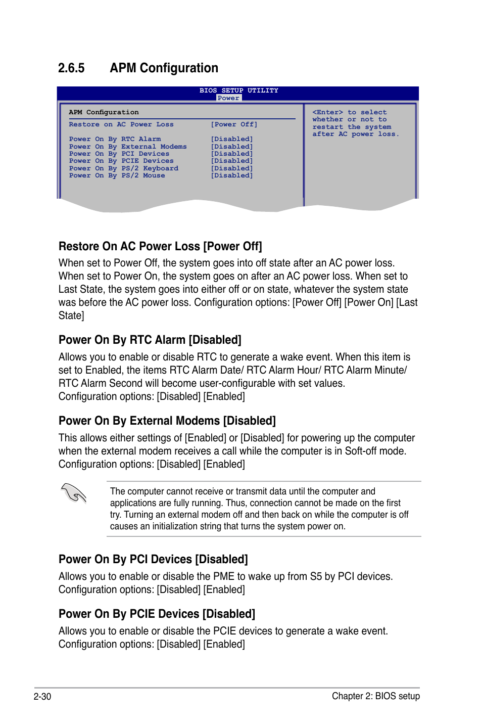 5 apm configuration, Restore on ac power loss [power off, Power on by rtc alarm [disabled | Power on by external modems [disabled, Power on by pci devices [disabled, Power on by pcie devices [disabled | Asus P5Q SE PLUS User Manual | Page 82 / 100