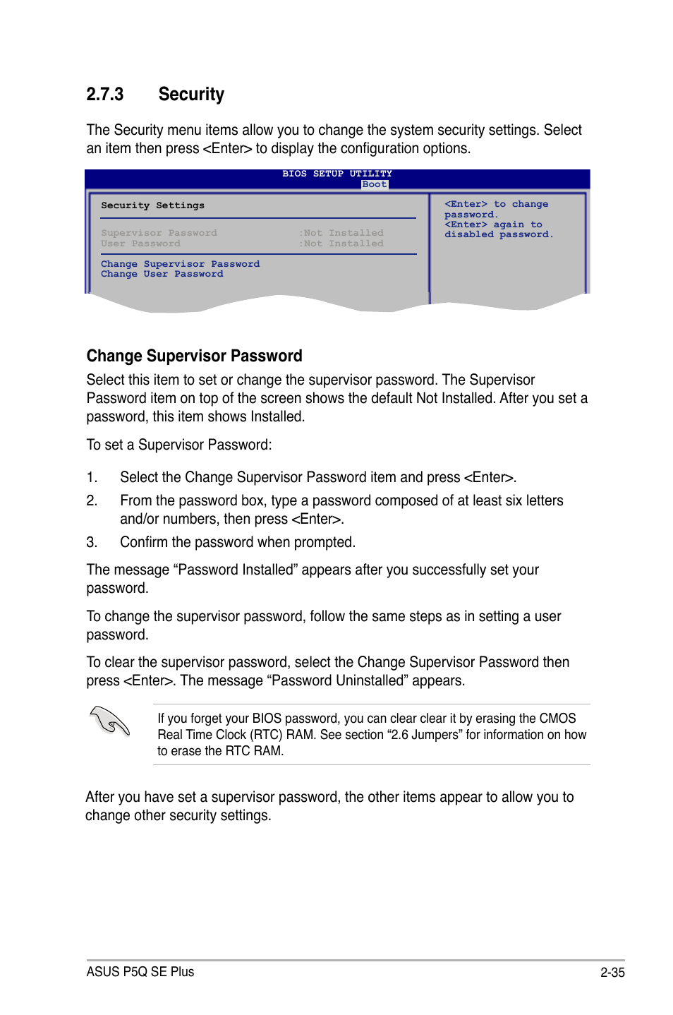 3 security, Change supervisor password | Asus P5Q SE PLUS User Manual | Page 87 / 100