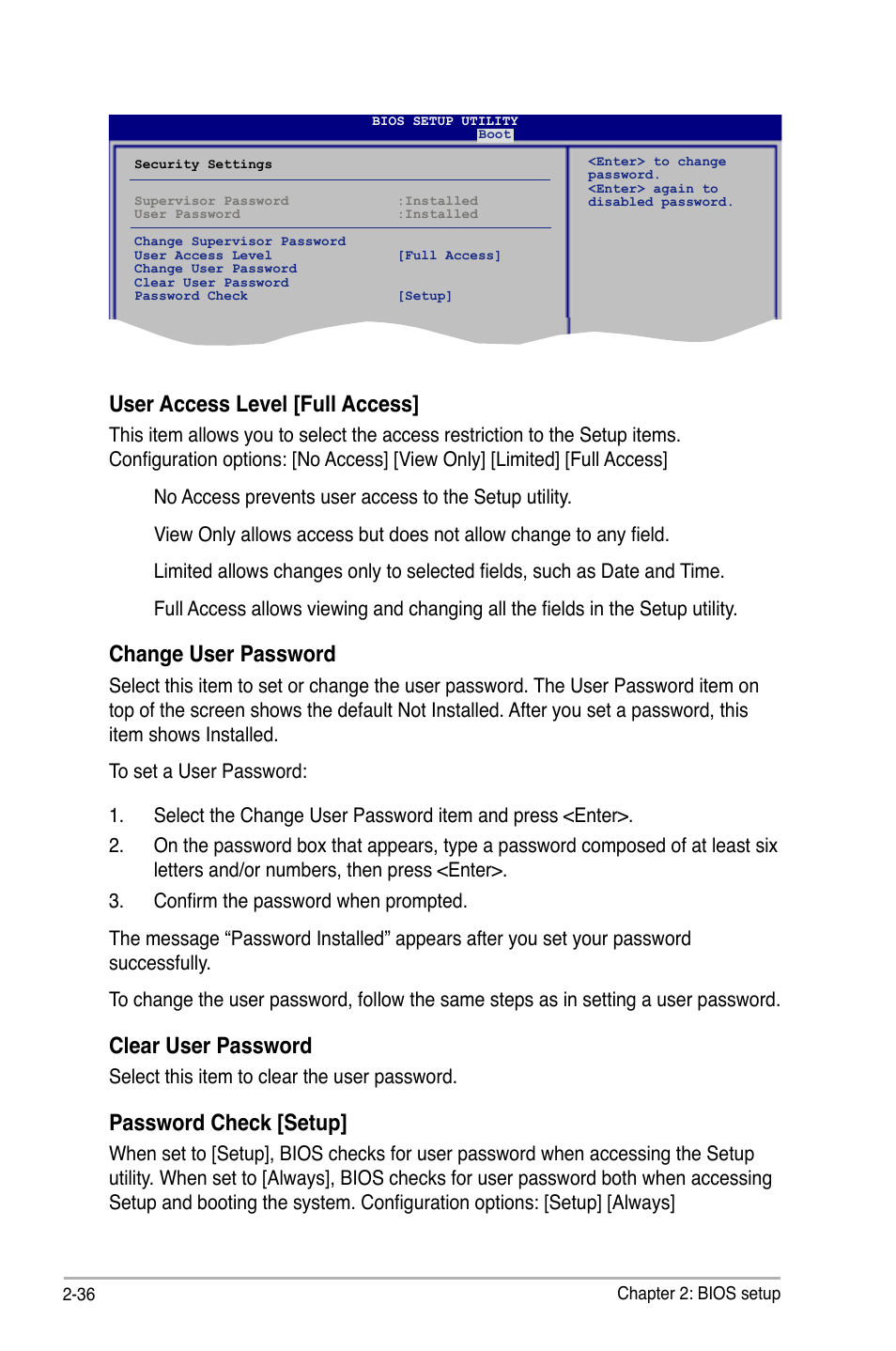 User access level [full access, Change user password, Clear user password | Password check [setup | Asus P5Q SE PLUS User Manual | Page 88 / 100