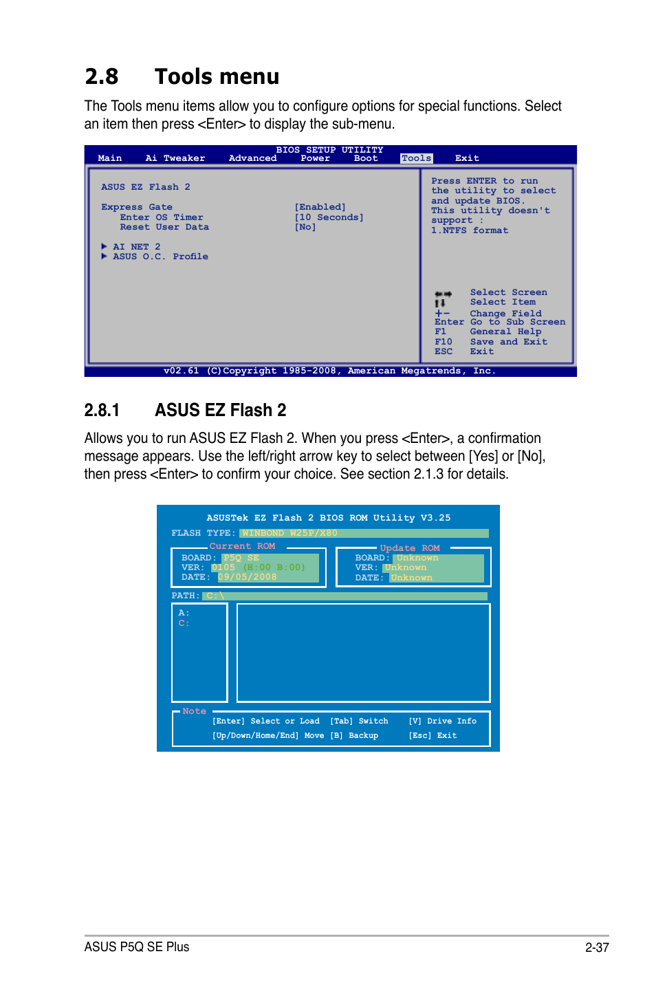 8 tools menu, 1 asus ez flash 2 | Asus P5Q SE PLUS User Manual | Page 89 / 100