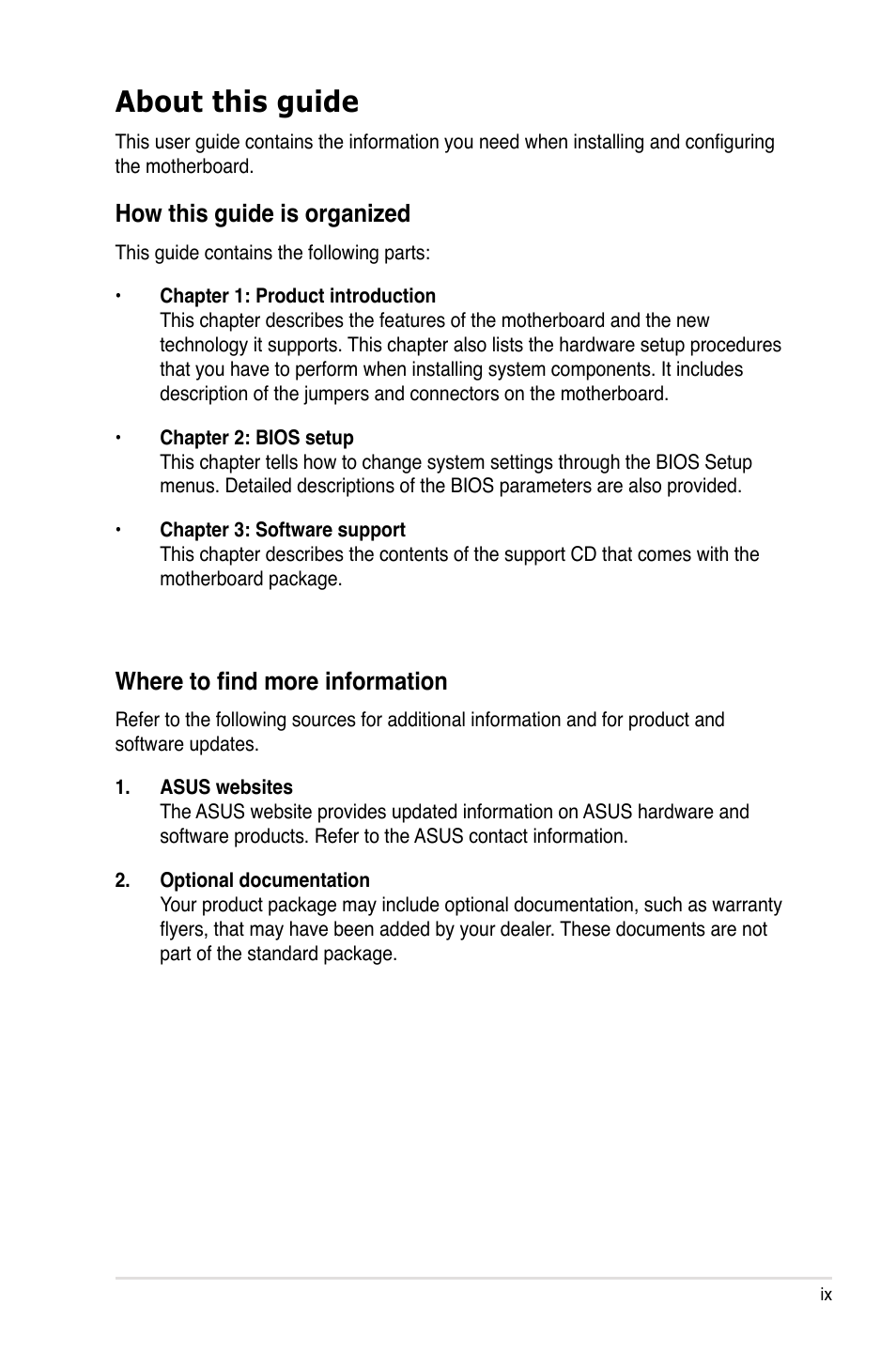 About this guide, How this guide is organized, Where to find more information | Asus P5Q SE PLUS User Manual | Page 9 / 100