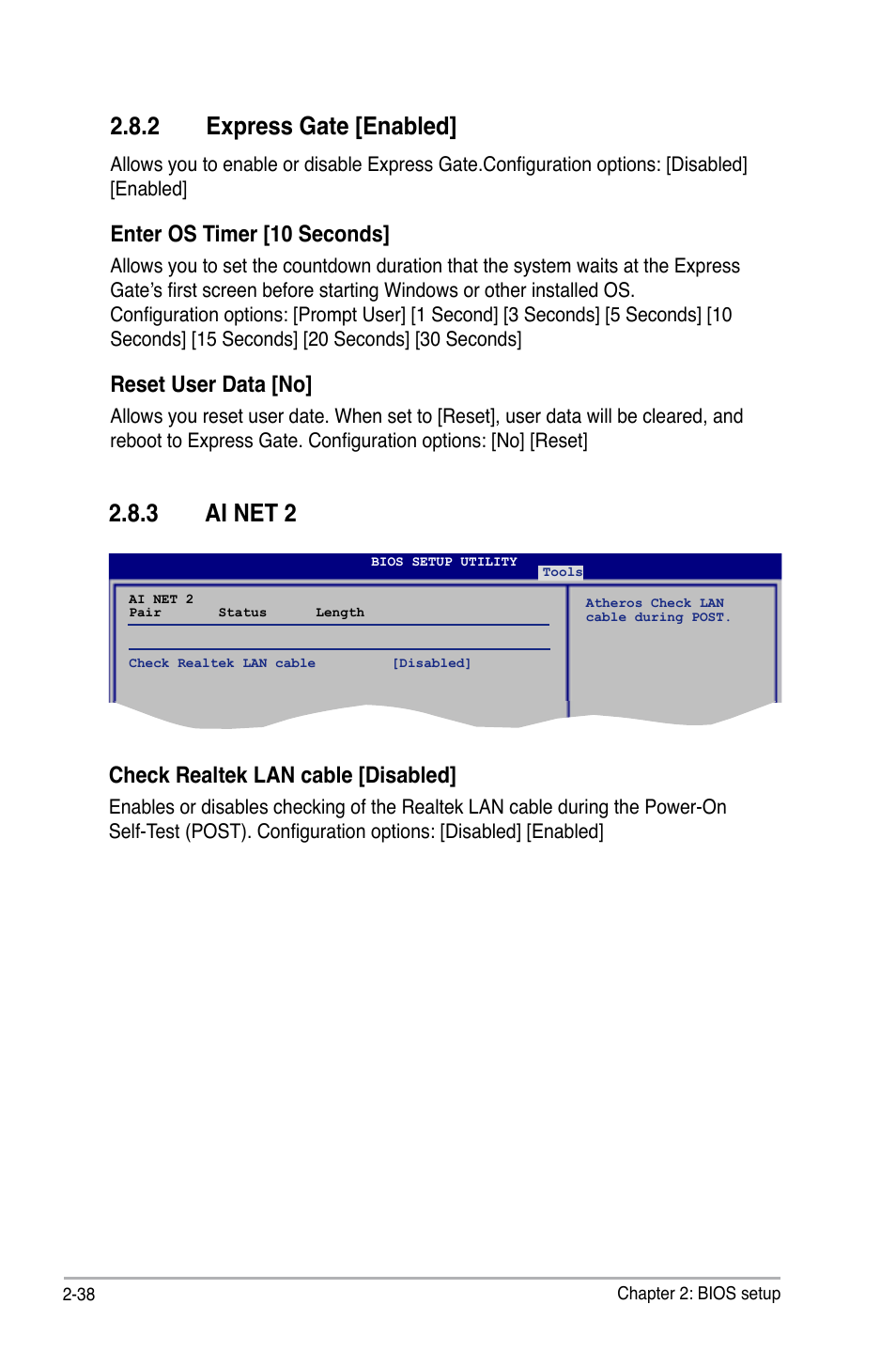 2 express gate [enabled, 3 ai net 2, Enter os timer [10 seconds | Reset user data [no, Check realtek lan cable [disabled | Asus P5Q SE PLUS User Manual | Page 90 / 100