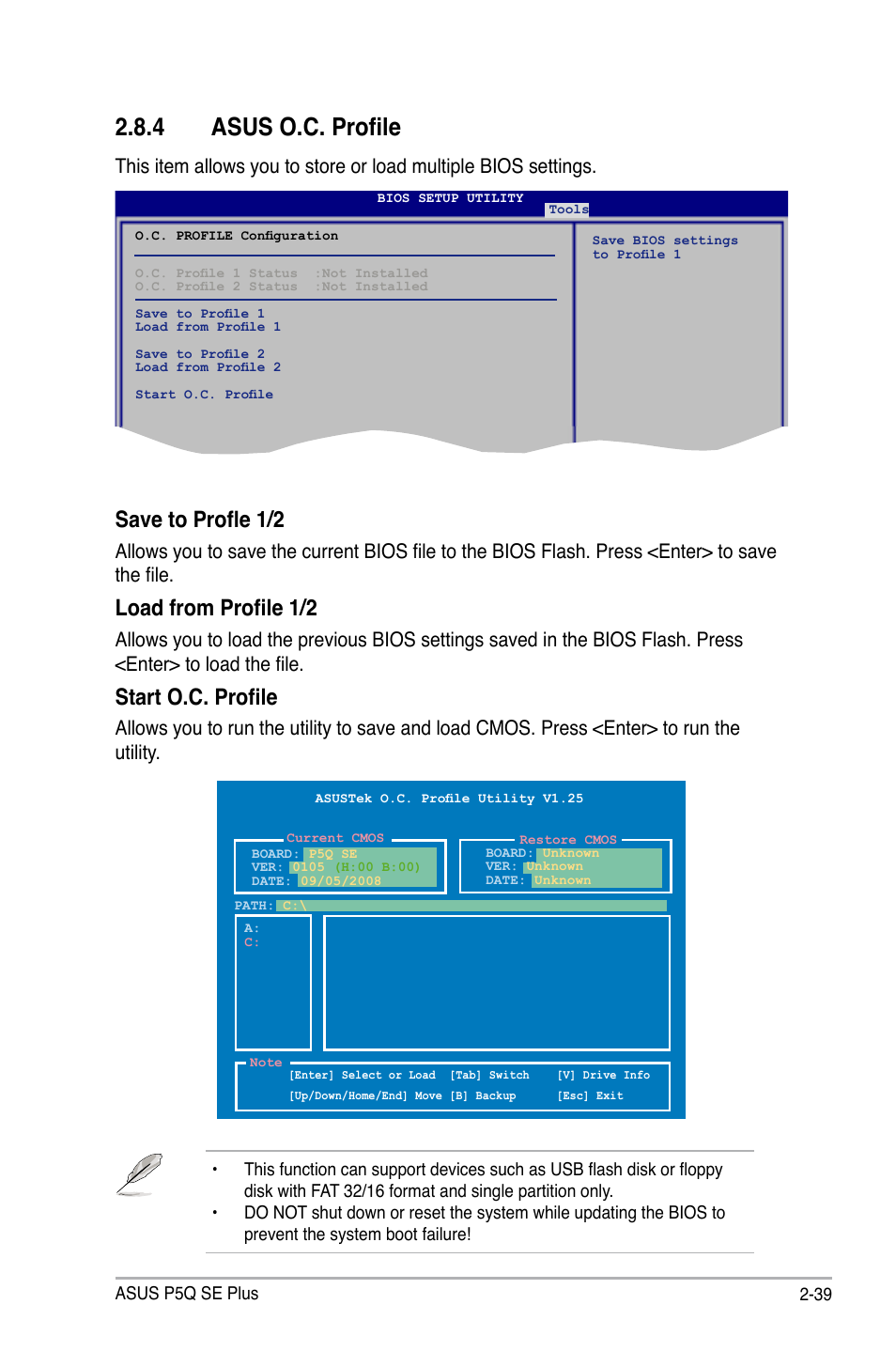 4 asus o.c. profile, Save to profle 1/2, Load from profile 1/2 | Start o.c. profile | Asus P5Q SE PLUS User Manual | Page 91 / 100