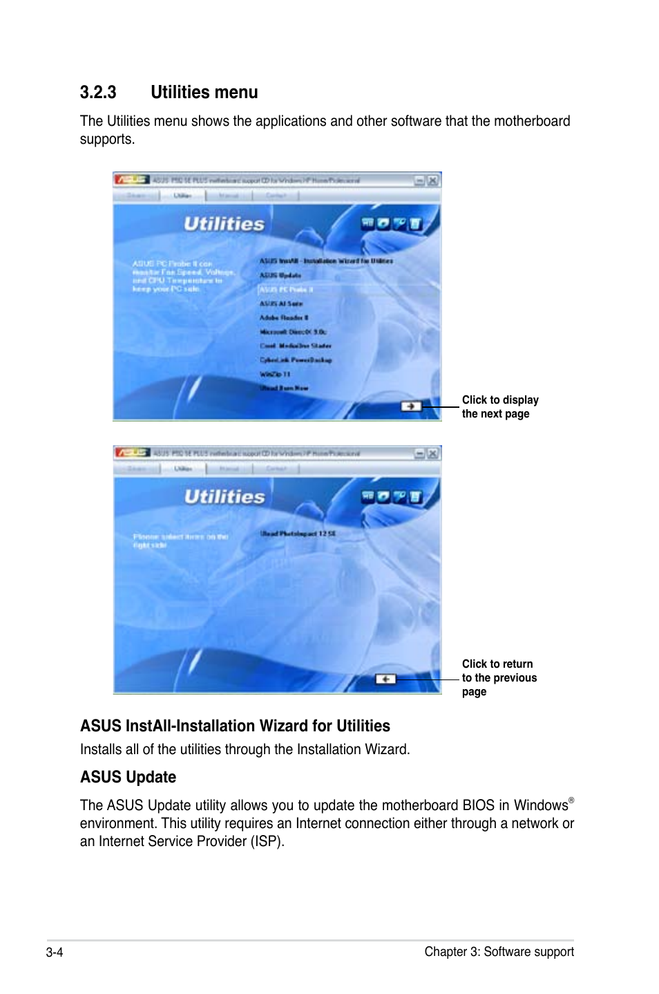 3 utilities menu, Asus install-installation wizard for utilities, Asus update | Asus P5Q SE PLUS User Manual | Page 96 / 100