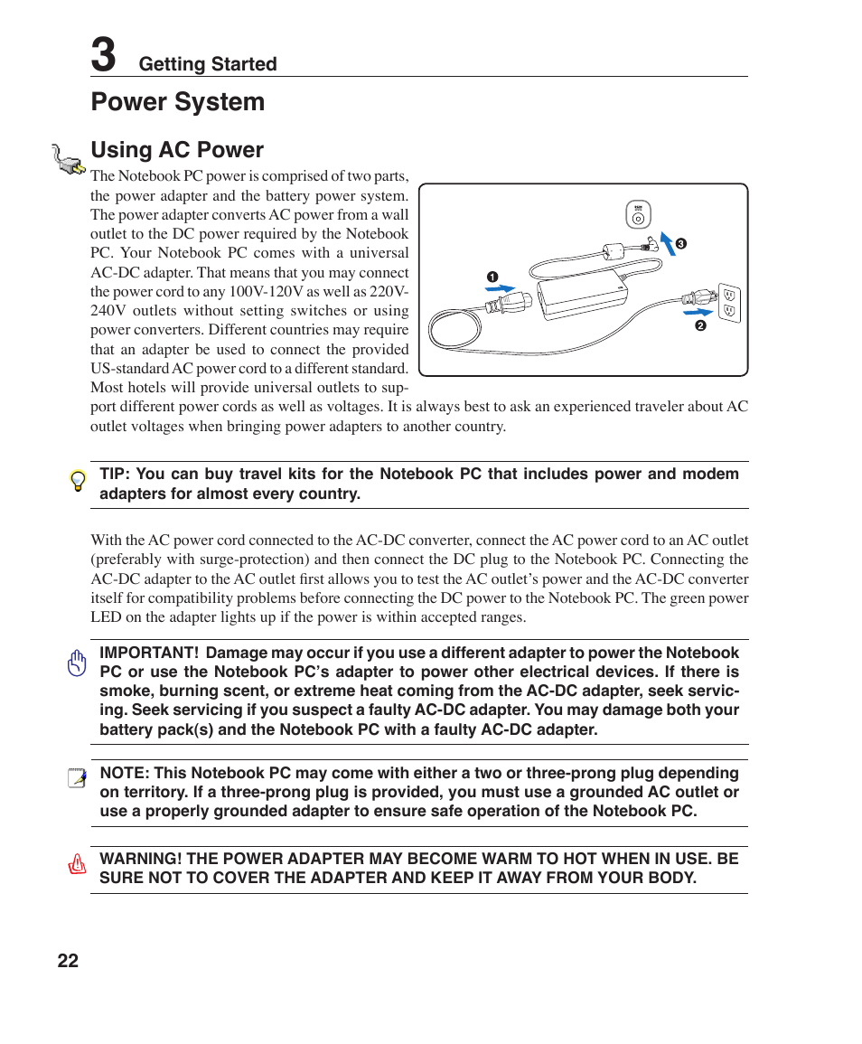 Power system, Using ac power | Asus Z96F User Manual | Page 22 / 73