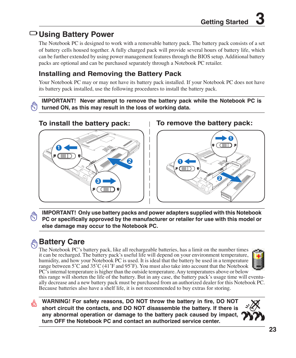 Using battery power, Battery care | Asus Z96F User Manual | Page 23 / 73