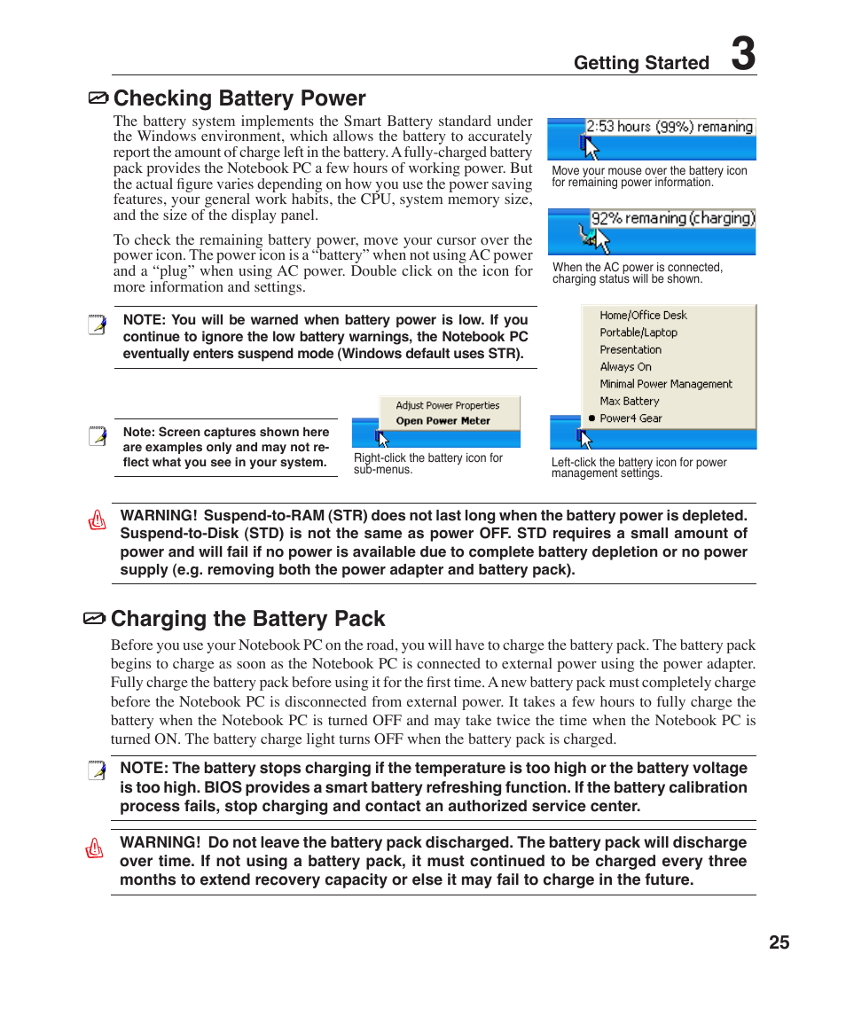 Checking battery power, Charging the battery pack, 25 getting started | Asus Z96F User Manual | Page 25 / 73