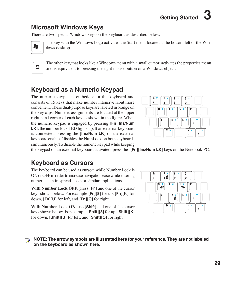 Microsoft windows keys, Keyboard as a numeric keypad, Keyboard as cursors | 2 getting started | Asus Z96F User Manual | Page 29 / 73