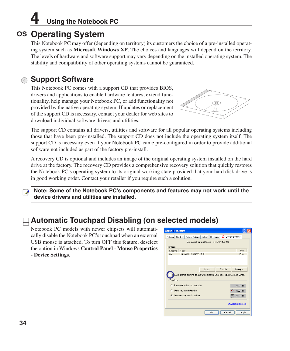 Operating system, Support software, Automatic touchpad disabling (on selected models) | Asus Z96F User Manual | Page 34 / 73