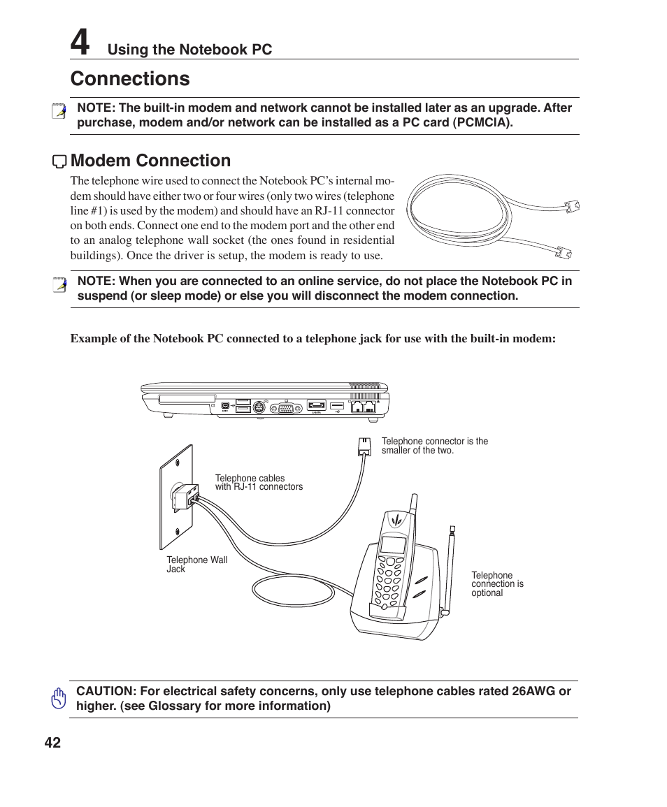 Connections, Modem connection | Asus Z96F User Manual | Page 42 / 73