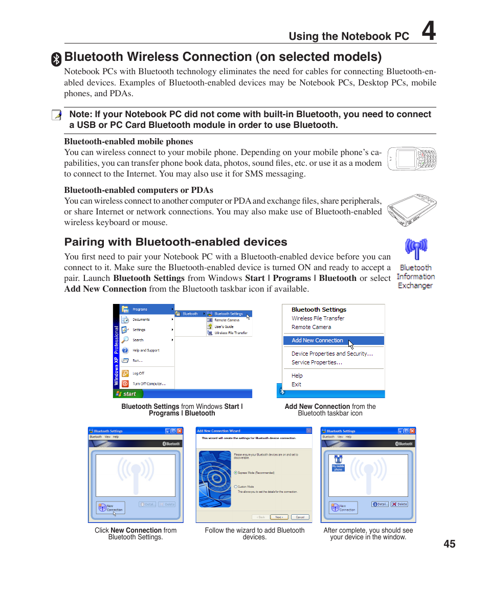 Bluetooth wireless connection (on selected models), Pairing with bluetooth-enabled devices | Asus Z96F User Manual | Page 45 / 73