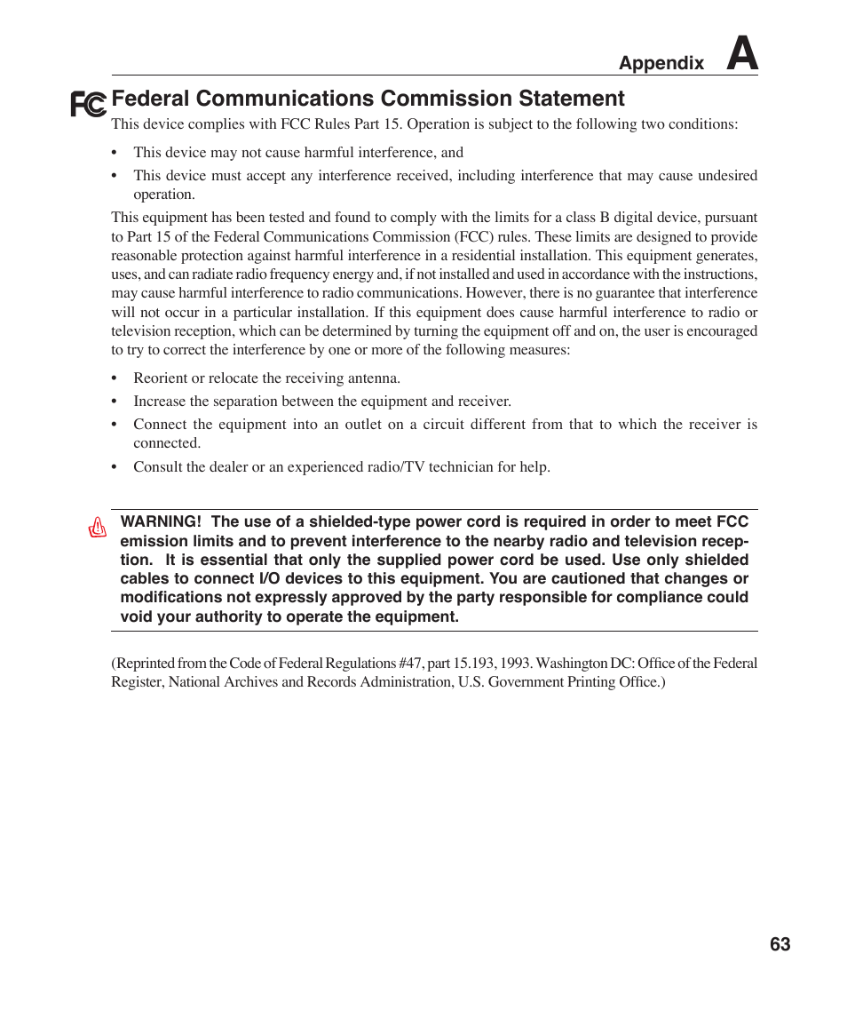Federal communications commission statement | Asus Z96F User Manual | Page 63 / 73