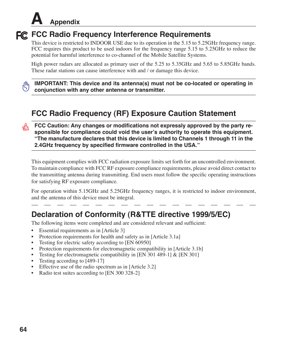 Fcc radio frequency interference requirements | Asus Z96F User Manual | Page 64 / 73