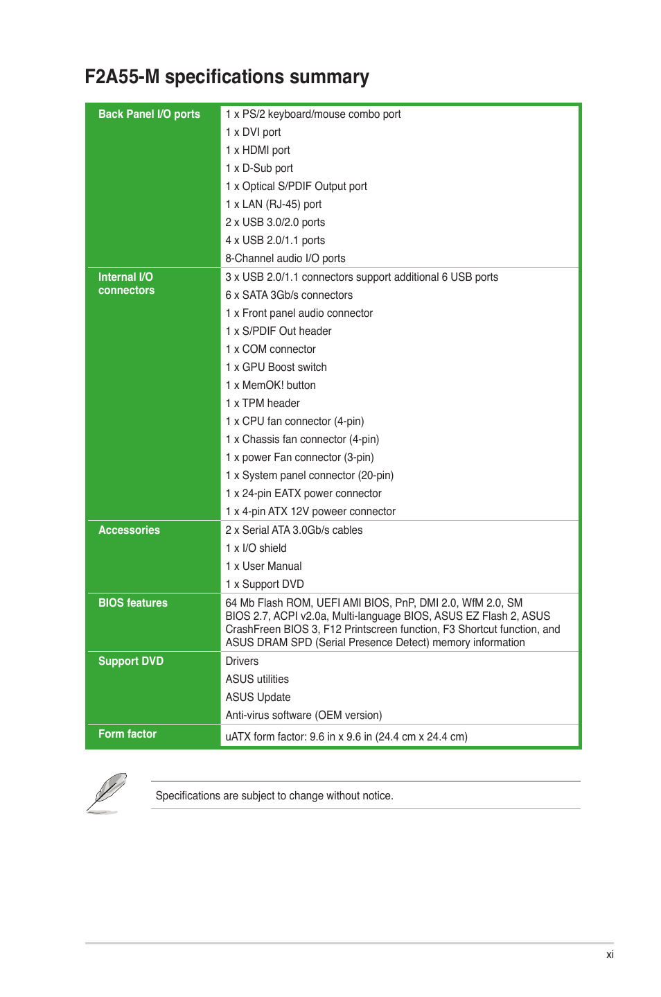 F2a55-m specifications summary | Asus F2A55-M User Manual | Page 11 / 84