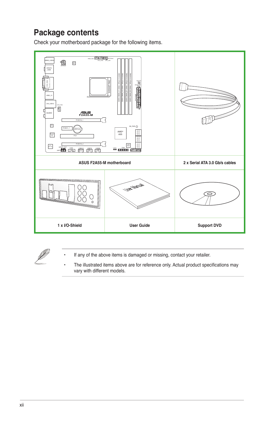 Package contents, User manual, 1 x i/o-shield user guide support dvd | Asus F2A55-M User Manual | Page 12 / 84