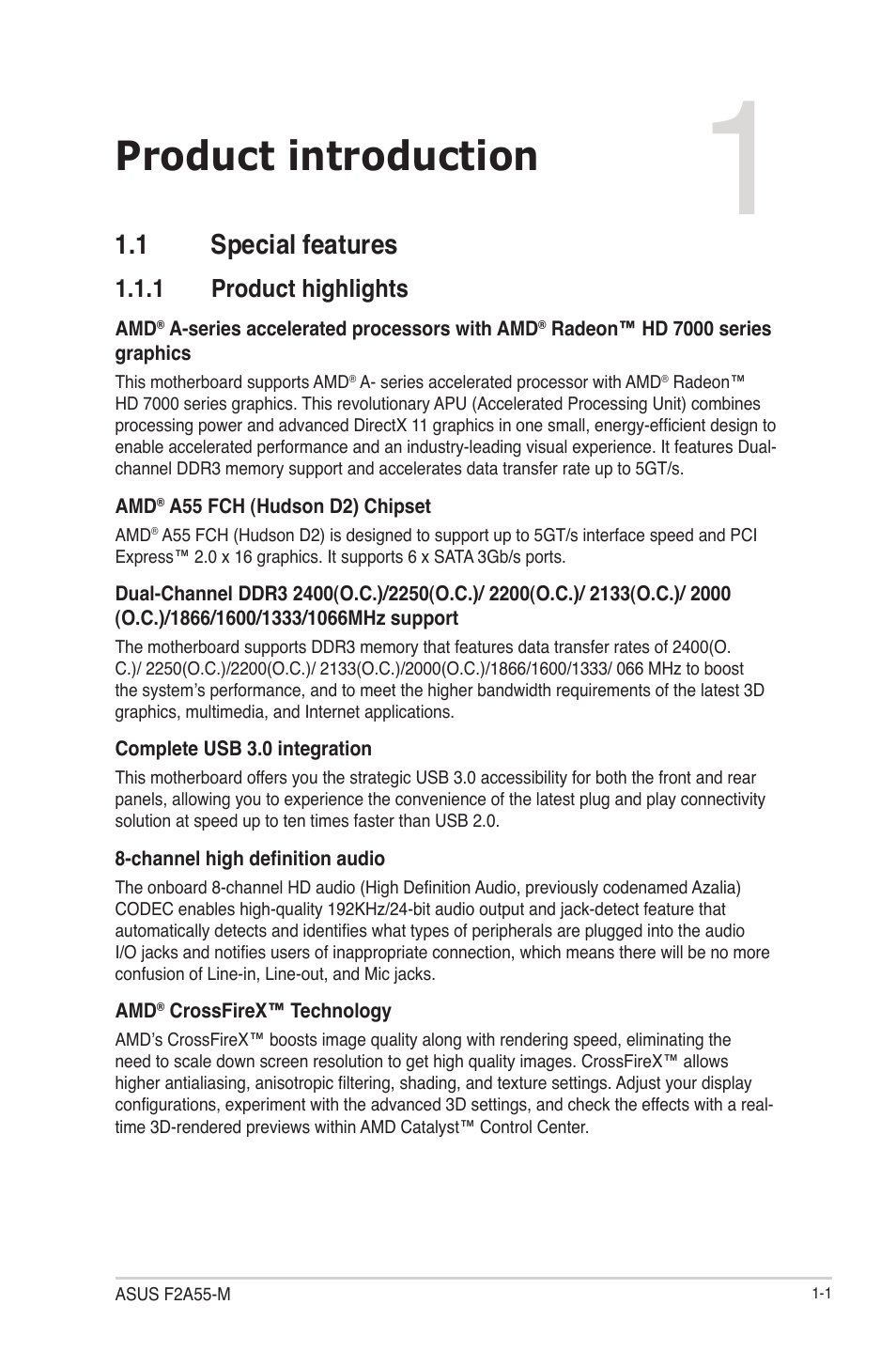 Chapter 1: product introduction, 1 special features, 1 product highlights | Product introduction, 1 special features -1, Product highlights -1 | Asus F2A55-M User Manual | Page 13 / 84