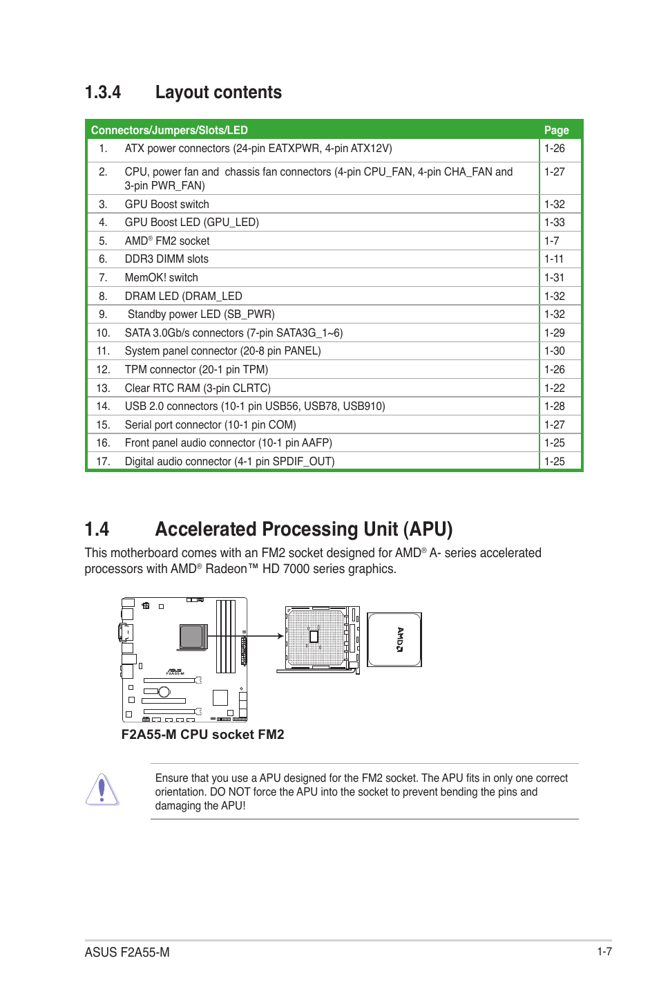 4 layout contents, 4 accelerated processing unit (apu), Layout contents -7 | 4 accelerated processing unit (apu) -7 | Asus F2A55-M User Manual | Page 19 / 84