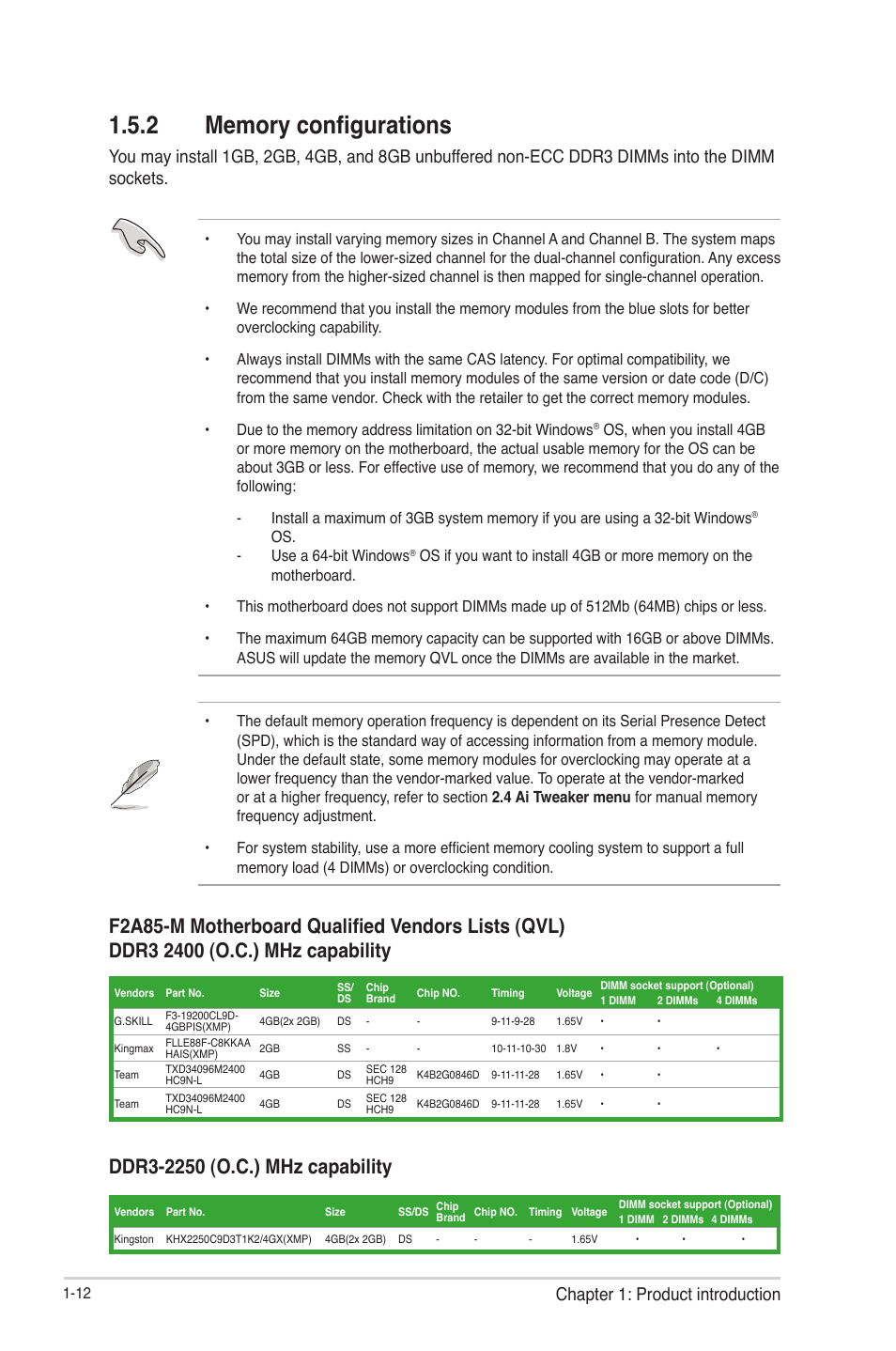 2 memory configurations, Memory configurations -12, Chapter 1: product introduction | Asus F2A55-M User Manual | Page 24 / 84