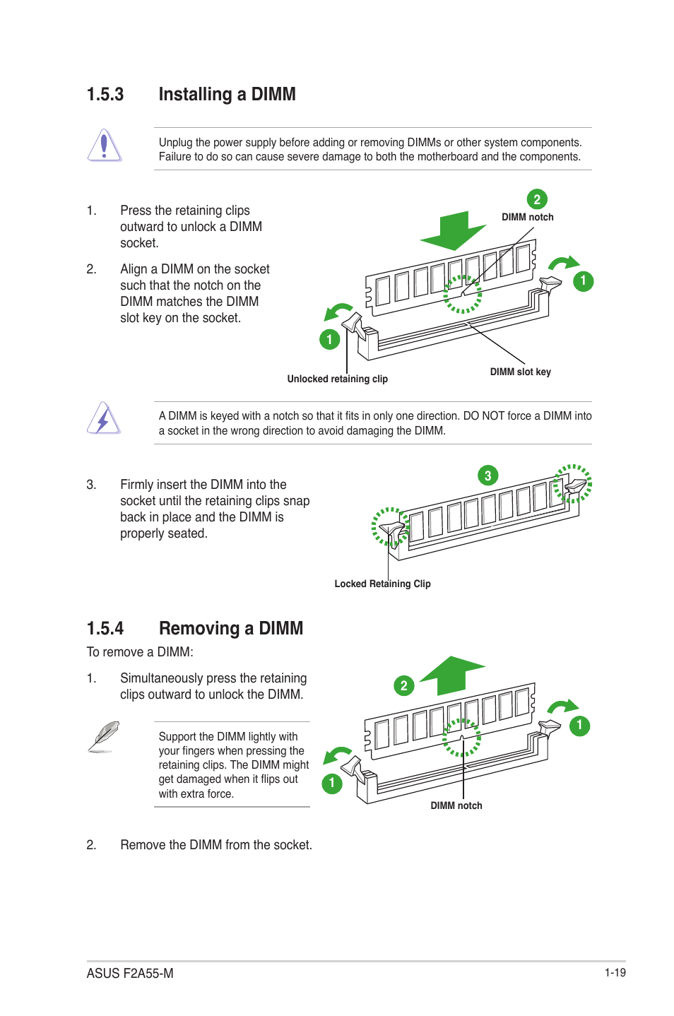 3 installing a dimm, 4 removing a dimm, Installing a dimm -19 | Removing a dimm -19 | Asus F2A55-M User Manual | Page 31 / 84