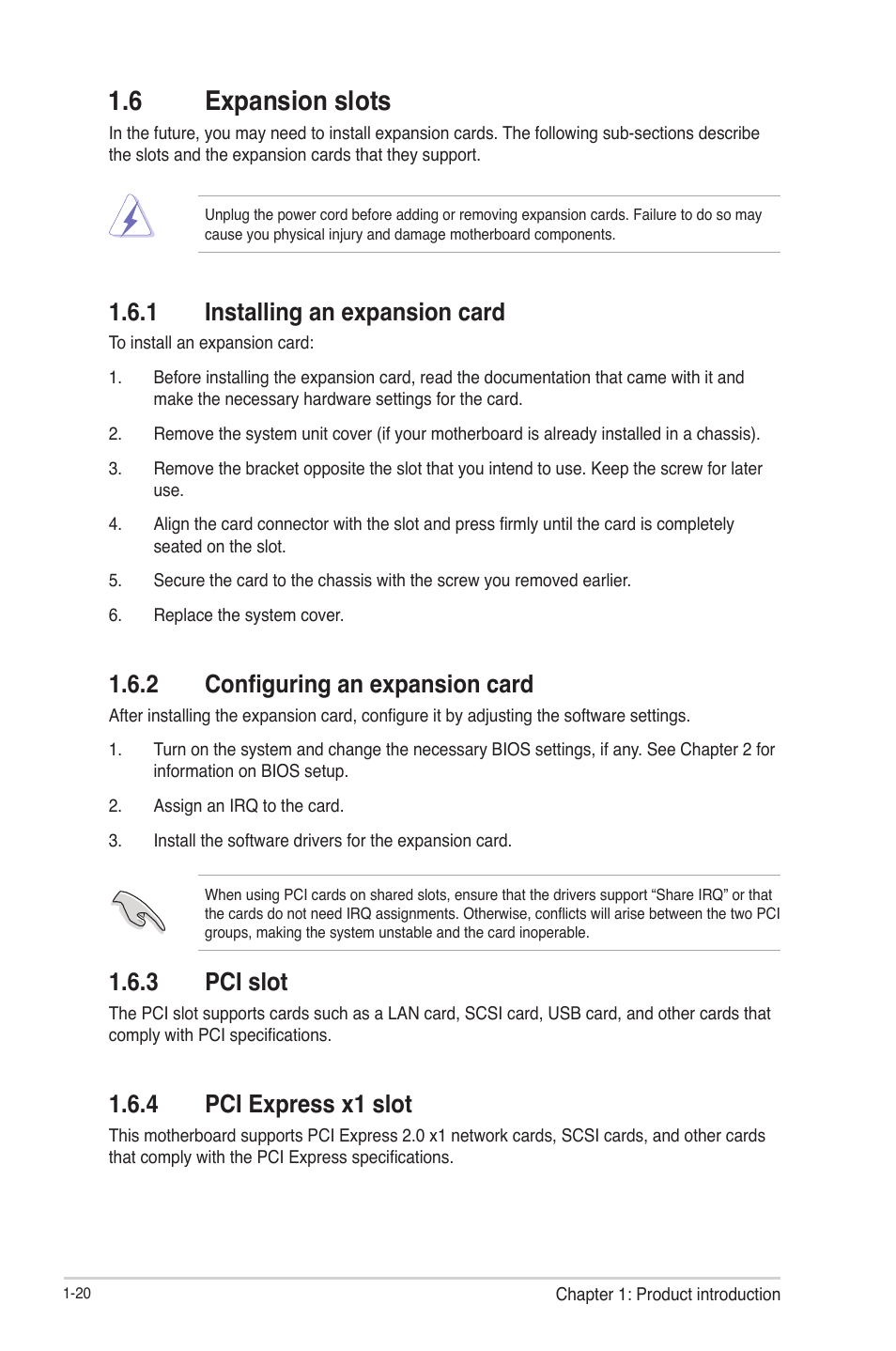 6 expansion slots, 1 installing an expansion card, 2 configuring an expansion card | 3 pci slot, 4 pci express x1 slot, 6 expansion slots -20, Installing an expansion card -20, Configuring an expansion card -20, Pci slot -20, Pci express x1 slot -20 | Asus F2A55-M User Manual | Page 32 / 84