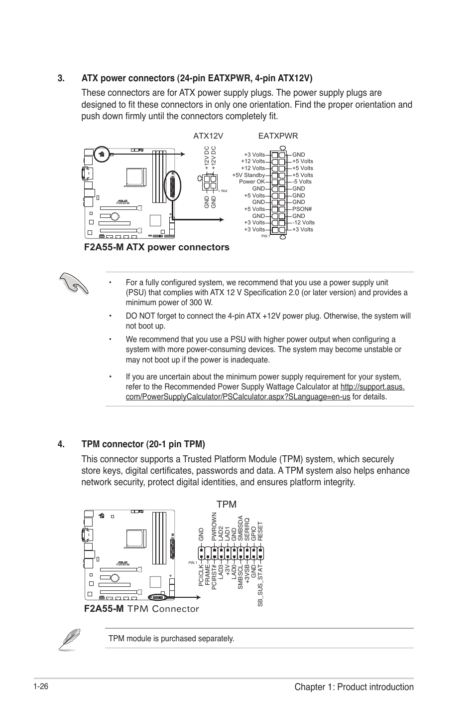 Chapter 1: product introduction, F2a55-m atx power connectors, F2a55-m tpm connector | Asus F2A55-M User Manual | Page 38 / 84