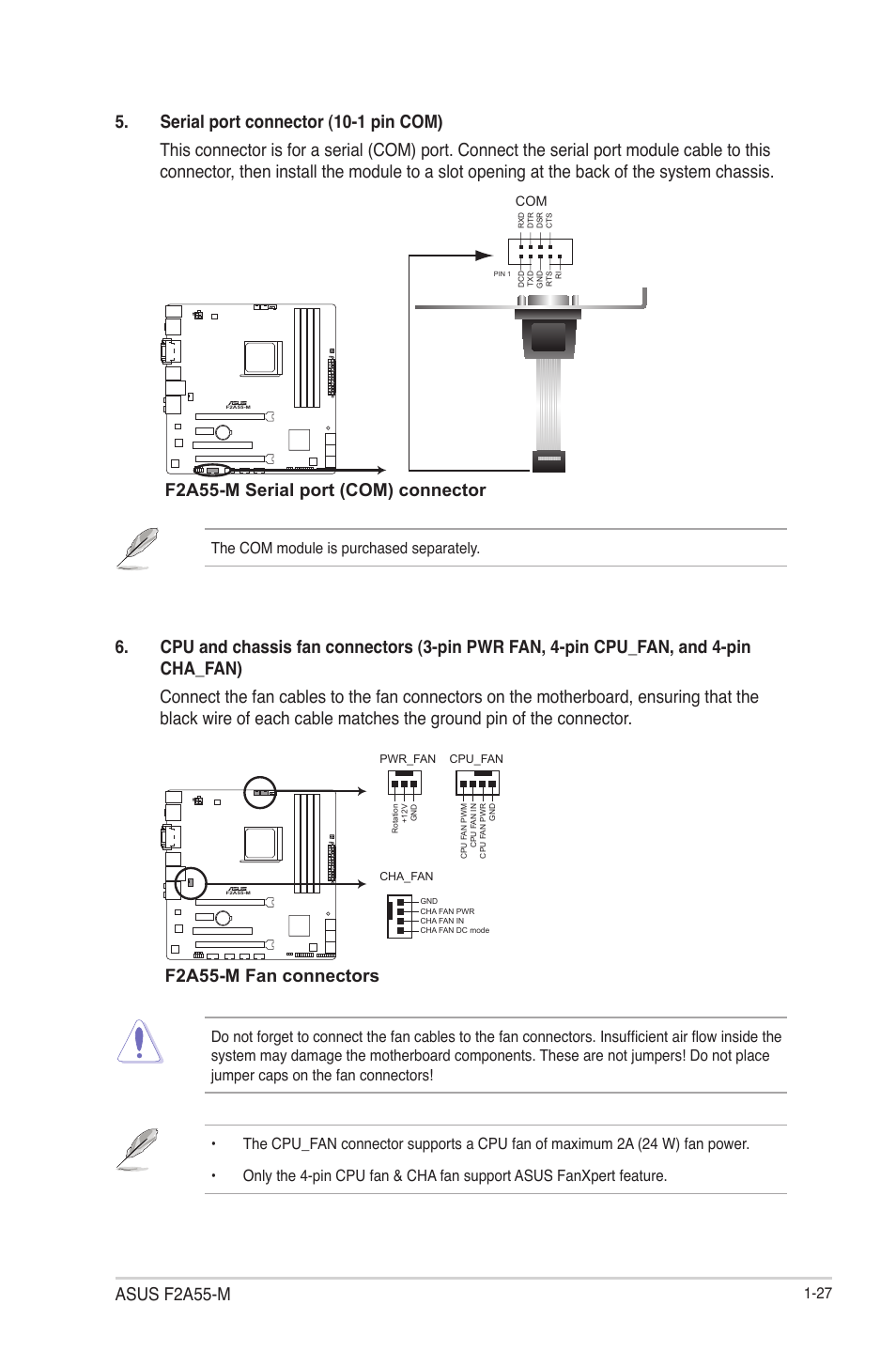 Asus f2a55-m, F2a55-m serial port (com) connector, F2a55-m fan connectors | 27 the com module is purchased separately | Asus F2A55-M User Manual | Page 39 / 84