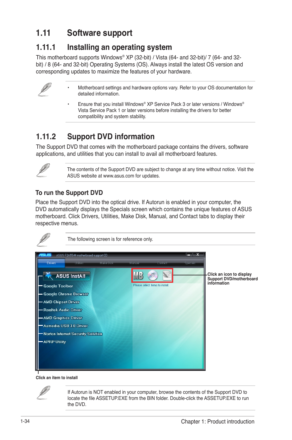 11 software support, 1 installing an operating system, 2 support dvd information | 11 software support -34 | Asus F2A55-M User Manual | Page 46 / 84