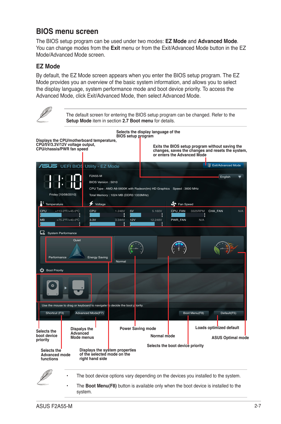 Bios menu screen, Ez mode, Asus f2a55-m | Asus F2A55-M User Manual | Page 53 / 84