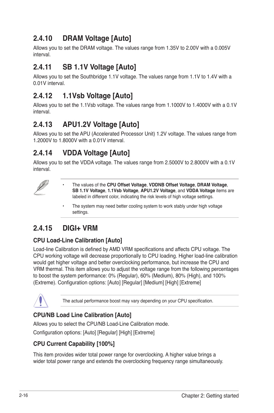 10 dram voltage [auto, 11 sb 1.1v voltage [auto, 12 1.1vsb voltage [auto | 13 apu1.2v voltage [auto, 14 vdda voltage [auto, 15 digi+ vrm | Asus F2A55-M User Manual | Page 62 / 84