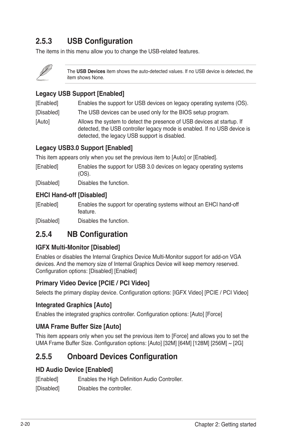 3 usb configuration, 4 nb configuration, 5 onboard devices configuration | Usb configuration -20, Nb configuration -20, Onboard devices configuration -20 | Asus F2A55-M User Manual | Page 66 / 84