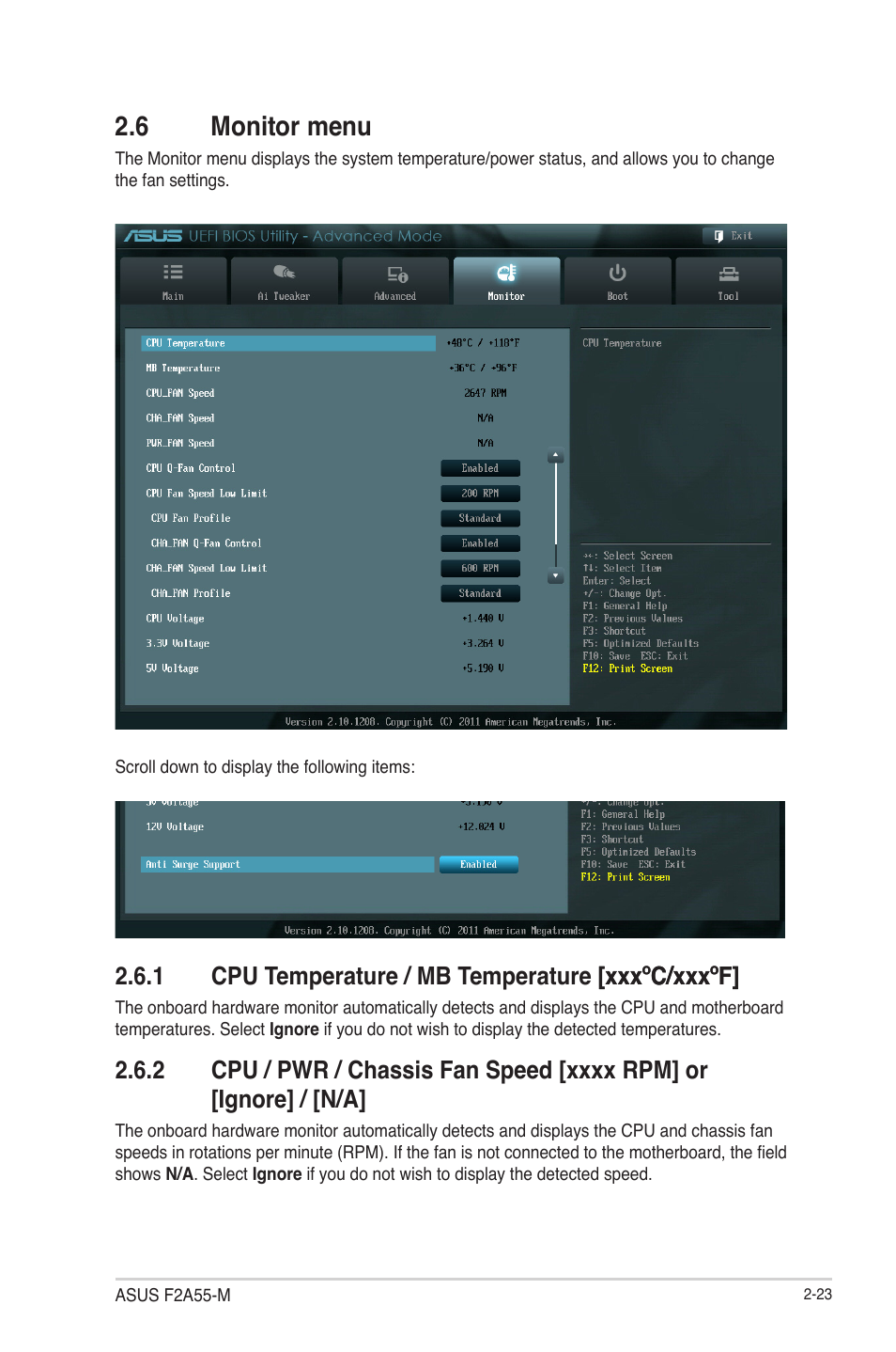 6 monitor menu, 1 cpu temperature / mb temperature [xxxºc/xxxºf, 6 monitor menu -23 | Cpu temperature / mb temperature [xxxºc/xxxºf] -23 | Asus F2A55-M User Manual | Page 69 / 84