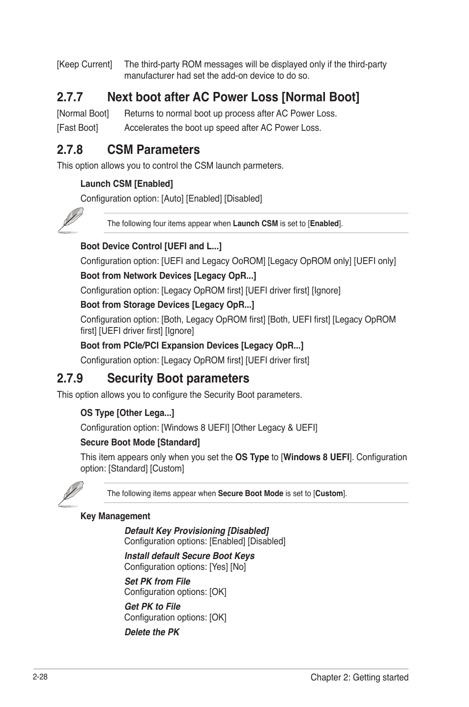 7 next boot after ac power loss [normal boot, 8 csm parameters, 9 security boot parameters | Next boot after ac power loss [normal boot] -28, Csm parameters -28, Security boot parameters -28 | Asus F2A55-M User Manual | Page 74 / 84