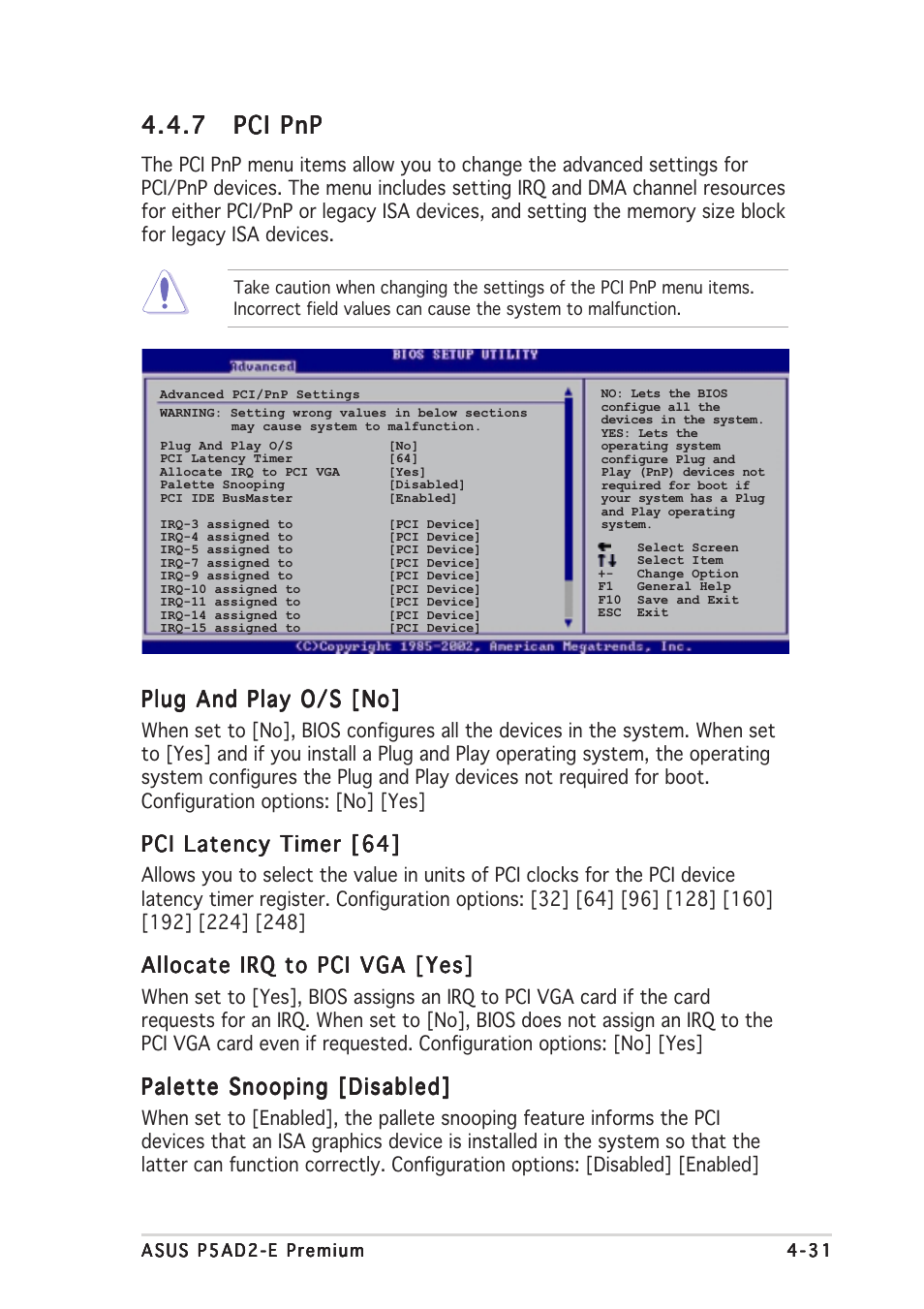 7 pci pnp pci pnp pci pnp pci pnp pci pnp, Plug and play o/s [no, Pci latency timer [64 | Allocate irq to pci vga [yes, Palette snooping [disabled | Asus P5AD2-E Premium User Manual | Page 101 / 166