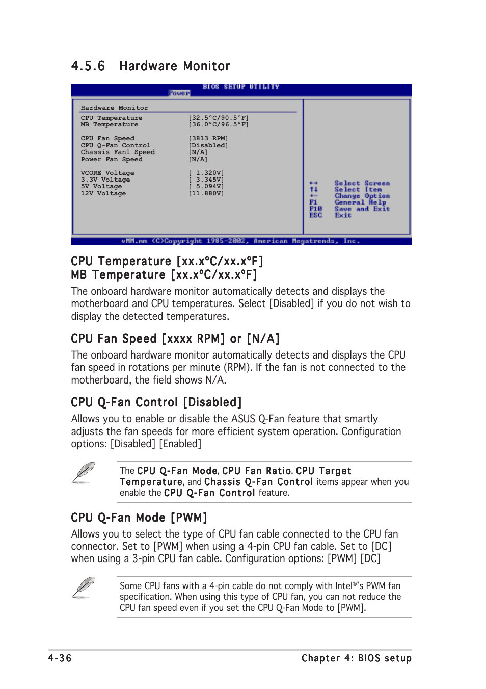 Cpu temperature [xx.xºc/xx.xºf, Cpu q-fan control [disabled, Cpu q-fan mode [pwm | Asus P5AD2-E Premium User Manual | Page 106 / 166