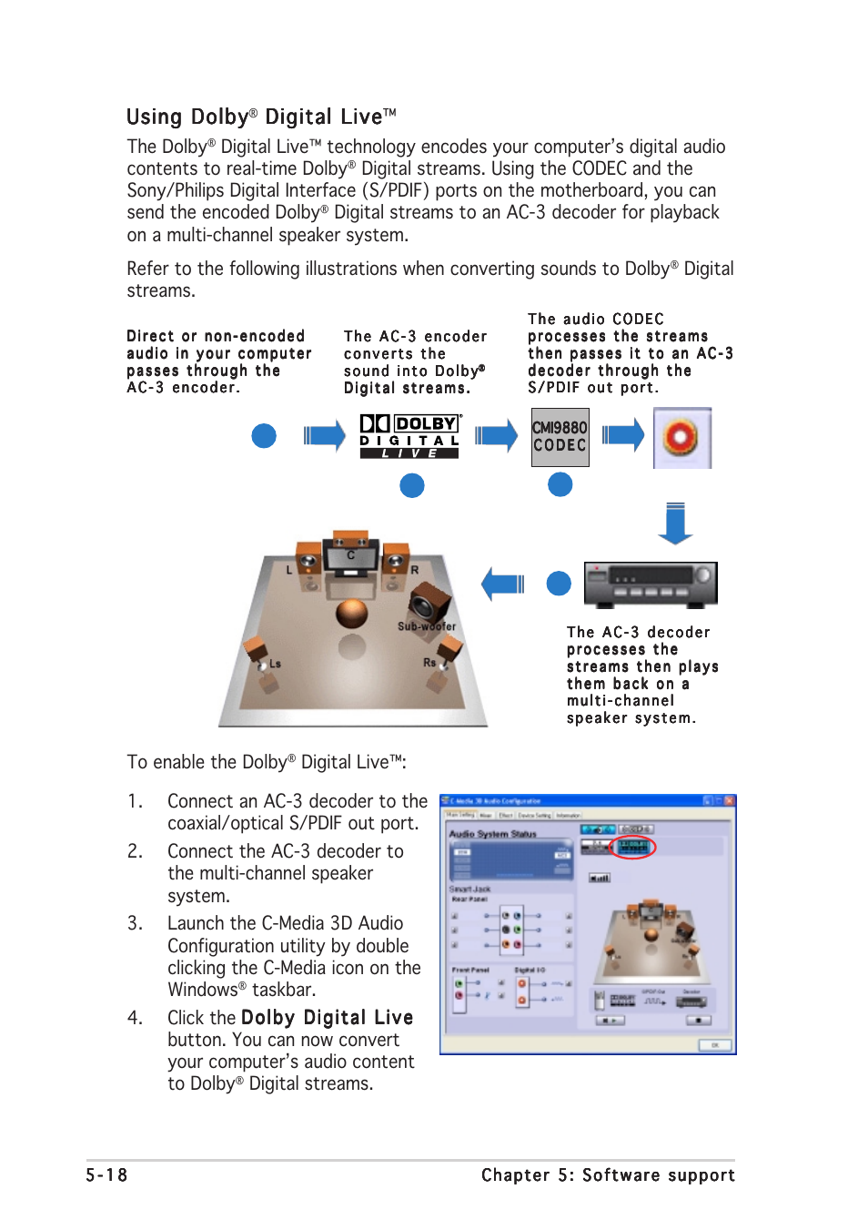 Using dolby, Digital live, Digital live digital live | The dolby, Digital streams | Asus P5AD2-E Premium User Manual | Page 134 / 166