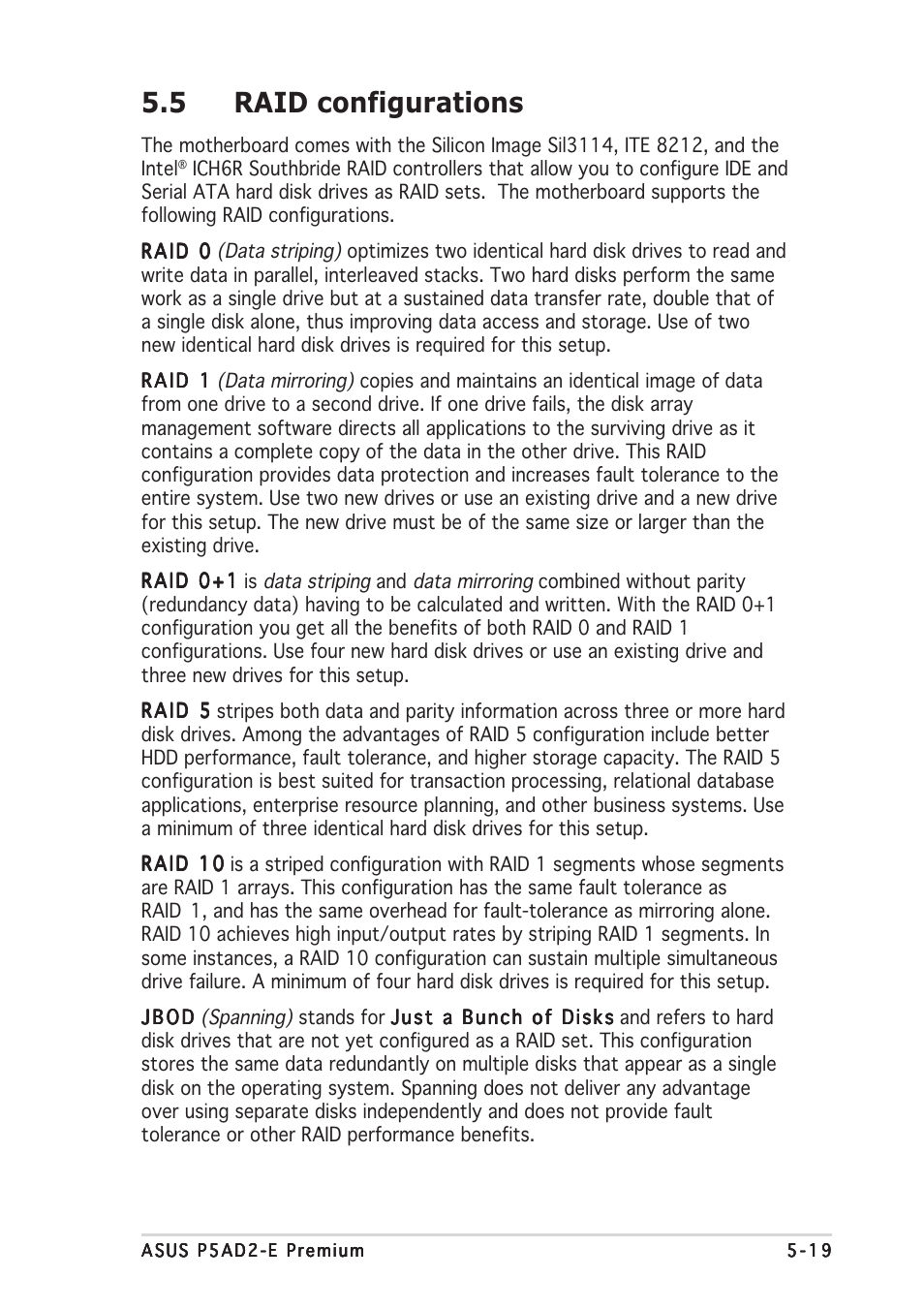 5 raid configurations | Asus P5AD2-E Premium User Manual | Page 135 / 166