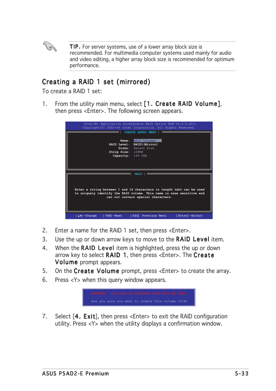 Creating a raid 1 set (mirrored) | Asus P5AD2-E Premium User Manual | Page 149 / 166