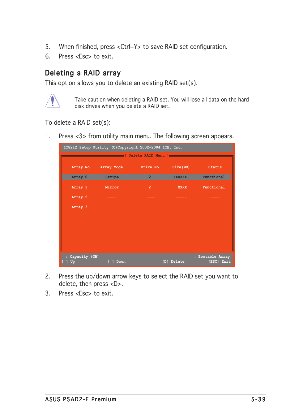 Deleting a raid array | Asus P5AD2-E Premium User Manual | Page 155 / 166