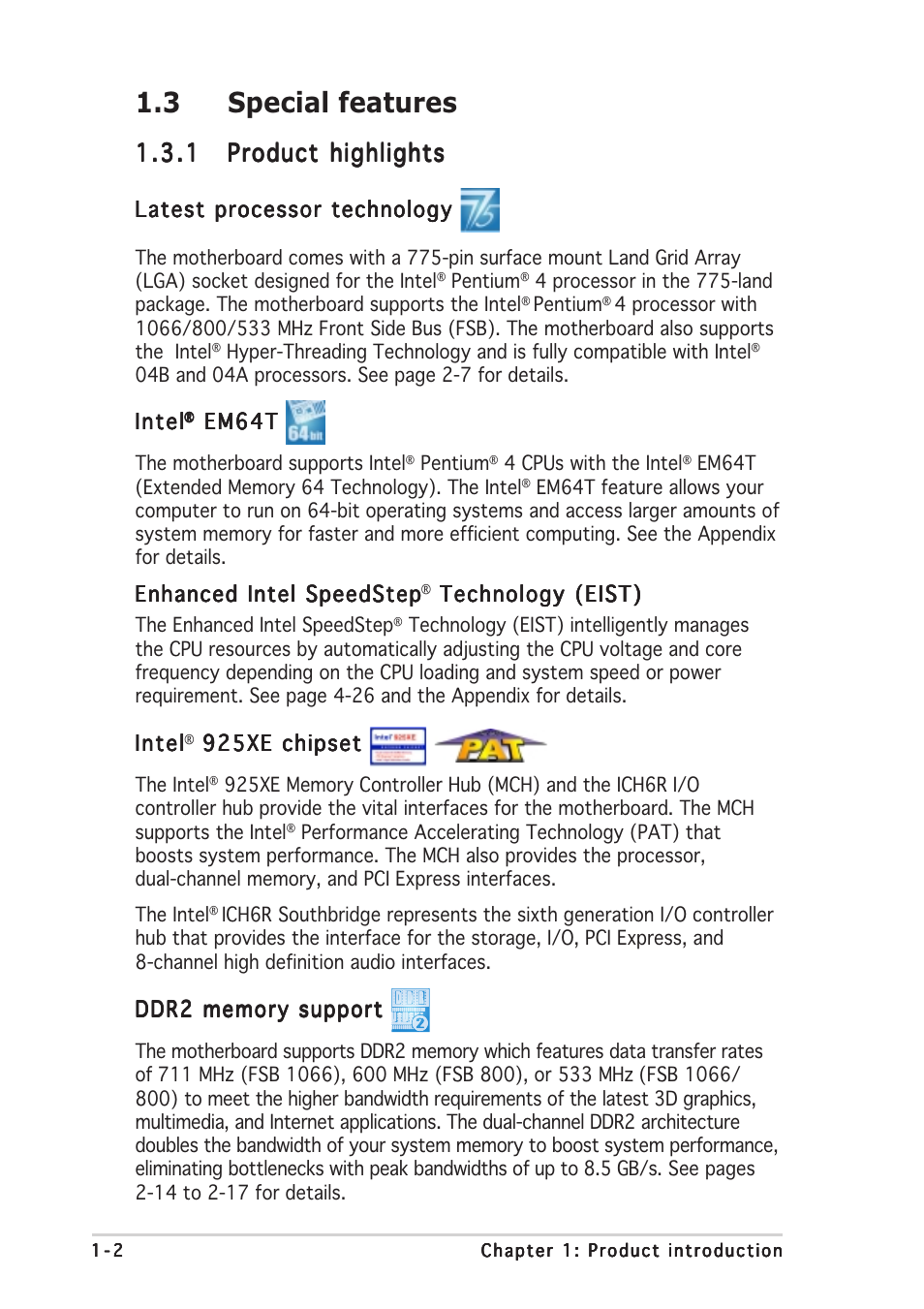 3 special features | Asus P5AD2-E Premium User Manual | Page 16 / 166