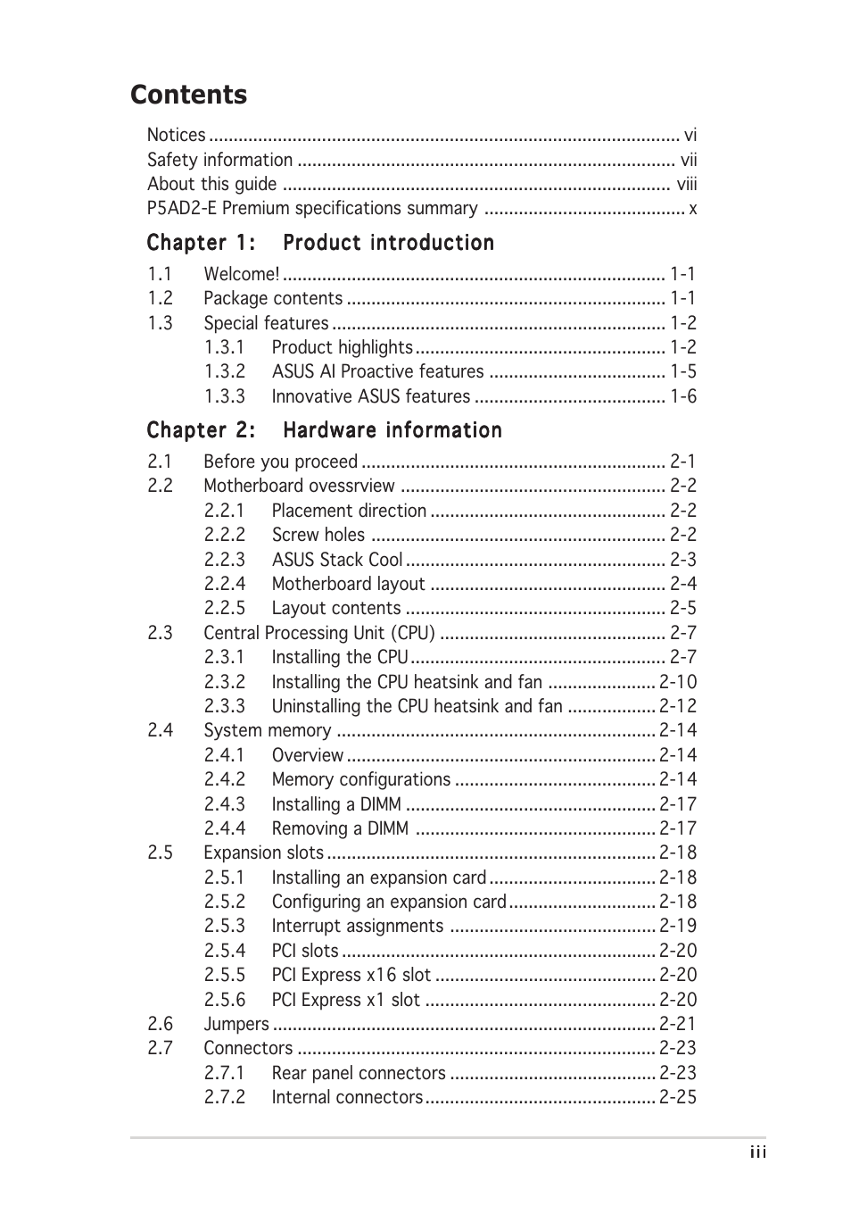 Asus P5AD2-E Premium User Manual | Page 3 / 166