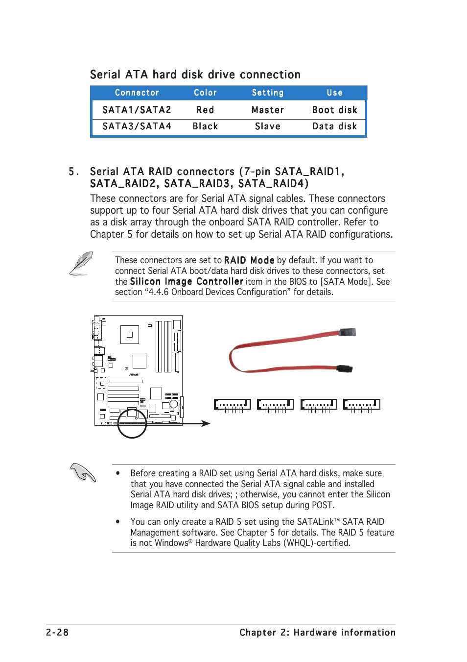 Serial ata hard disk drive connection, Hardware quality labs (whql)-certified, P5ad2-e premium sata raid connectors | Asus P5AD2-E Premium User Manual | Page 50 / 166