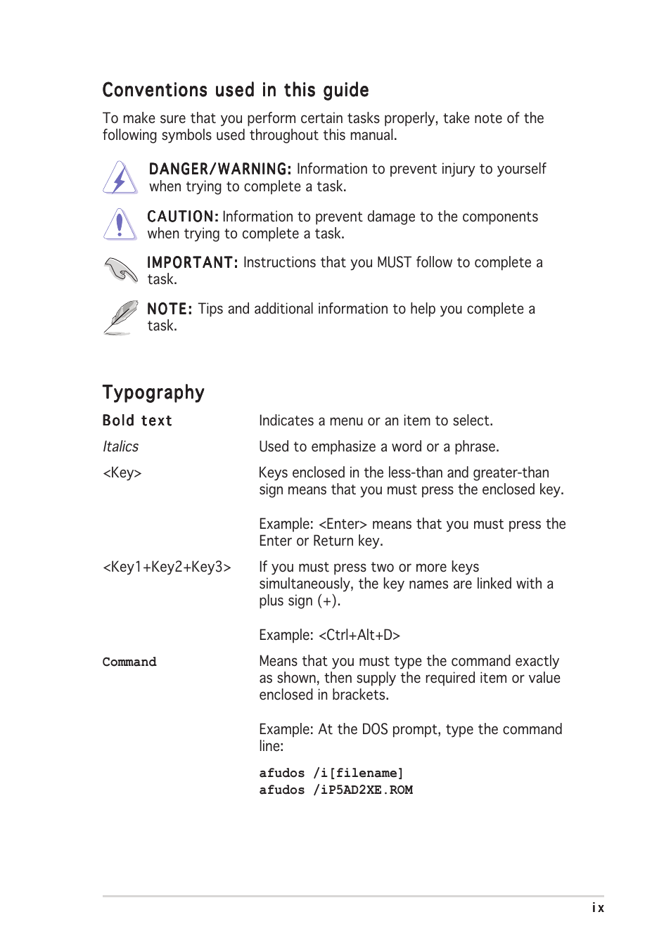 Conventions used in this guide, Typography | Asus P5AD2-E Premium User Manual | Page 9 / 166