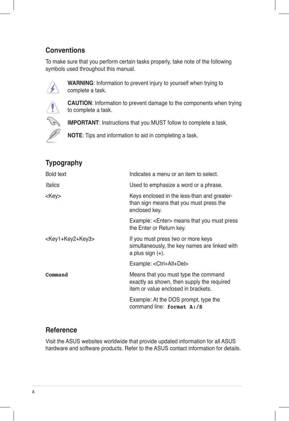 Conventions, Typography, Reference | Asus ESC500 G2 User Manual | Page 10 / 140