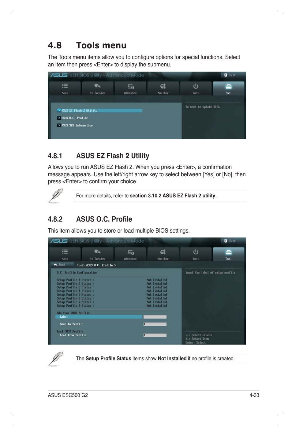 8 tools menu, 1 asus ez flash 2 utility, 2 asus o.c. profile | Tools menu -33 4.8.1, Asus ez flash 2 utility -33, Asus o.c. profile -33 | Asus ESC500 G2 User Manual | Page 101 / 140