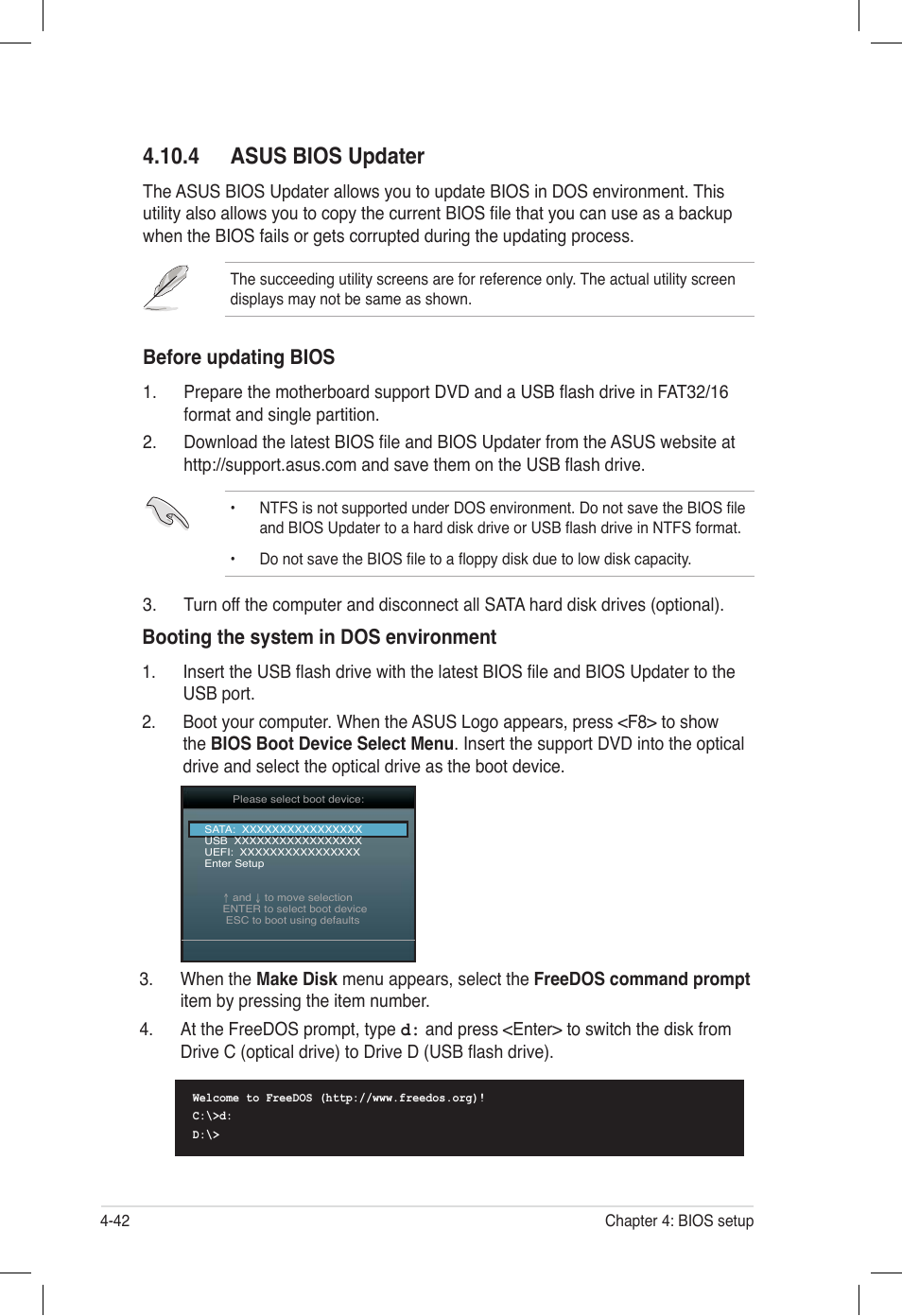 4 asus bios updater, 4 asus bios updater -42, Booting the system in dos environment | Before updating bios | Asus ESC500 G2 User Manual | Page 110 / 140