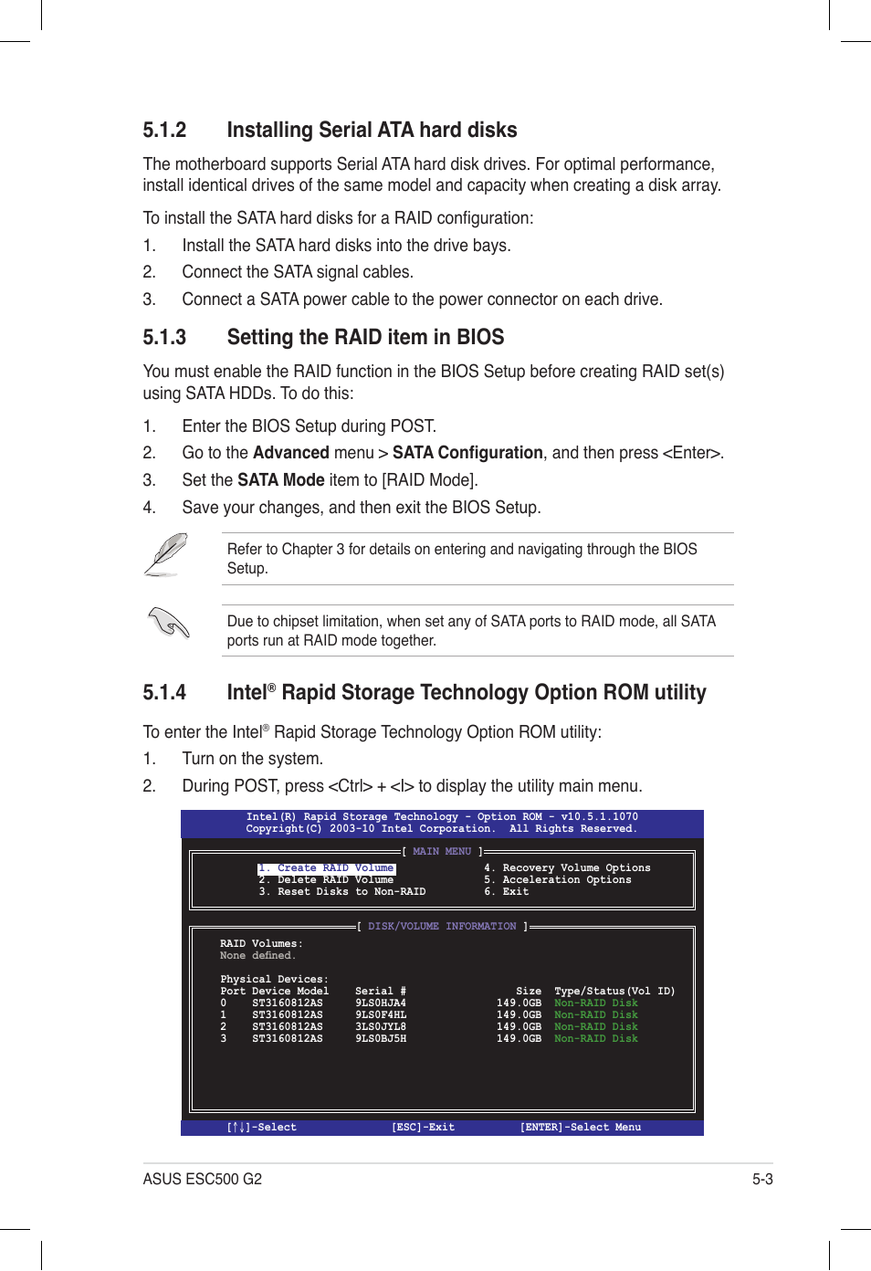 2 installing serial ata hard disks, 3 setting the raid item in bios, Installing serial ata hard disks -3 | Setting the raid item in bios -3, Intel, Rapid storage technology option rom utility -3, 4 intel, Rapid storage technology option rom utility | Asus ESC500 G2 User Manual | Page 115 / 140